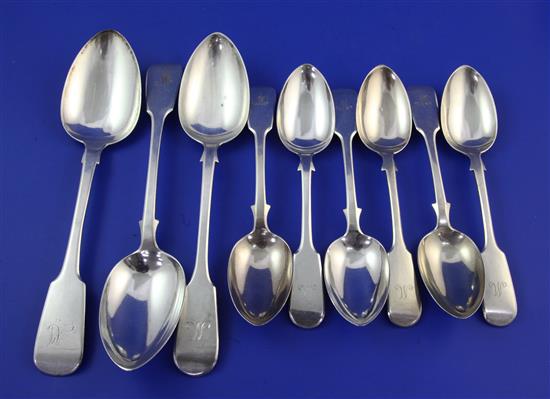 A set of six Victorian silver fiddle pattern dessert spoons & 3 table spoons, 17 oz.